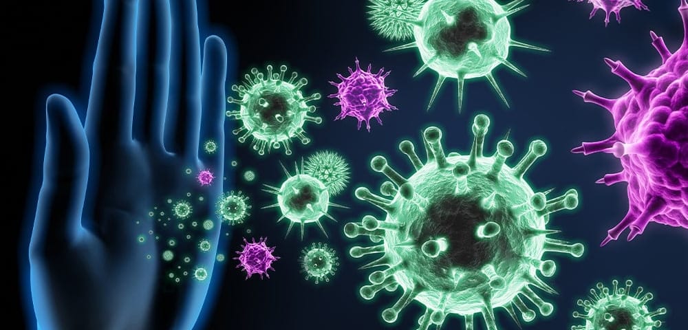 rendering of hand stopping viruses and bacteria, concept of boosting immune system