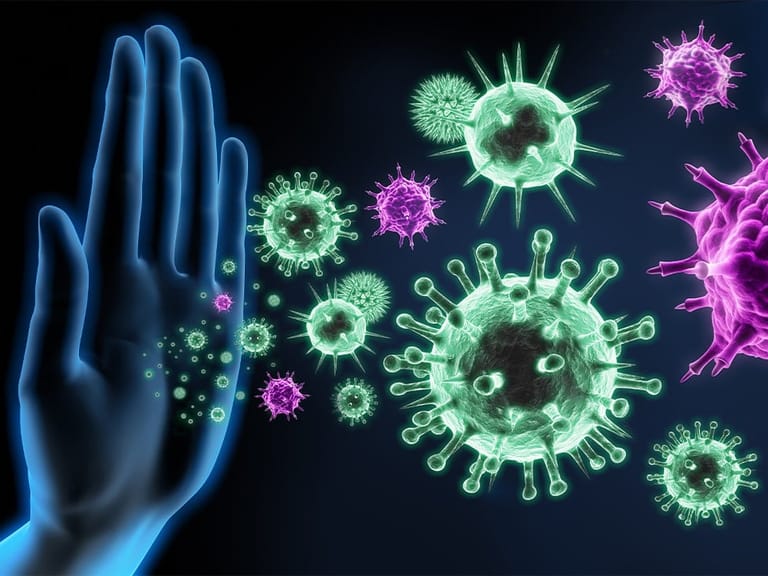 rendering of hand stopping viruses and bacteria, concept of boosting immune system
