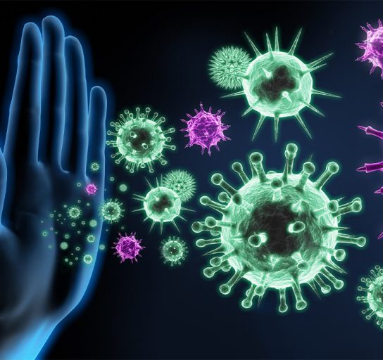rendering of hand stopping viruses and bacteria, concept of boosting immune system