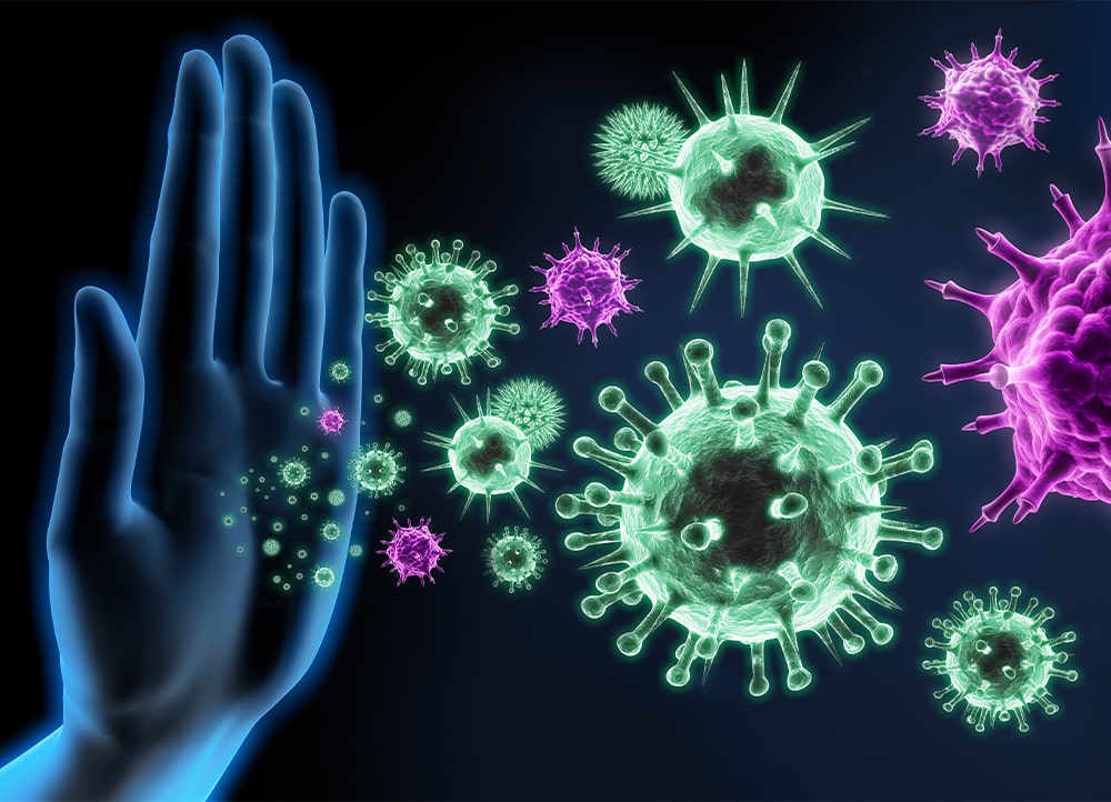 rendering of hand stopping viruses and bacteria, concept of boosting immune system